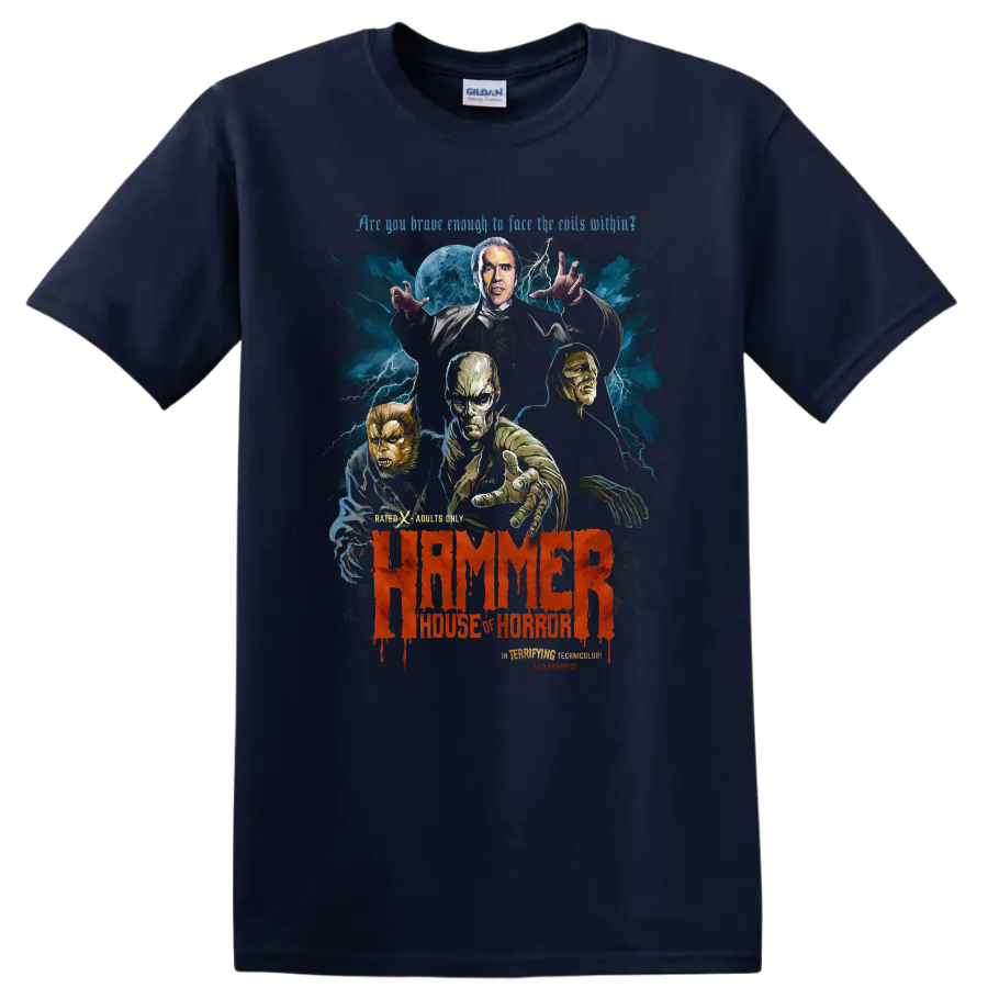 Hammer House of Horror monster poster art with moon, lightning, and red lettering on a Navy (Blue) T Shirt
