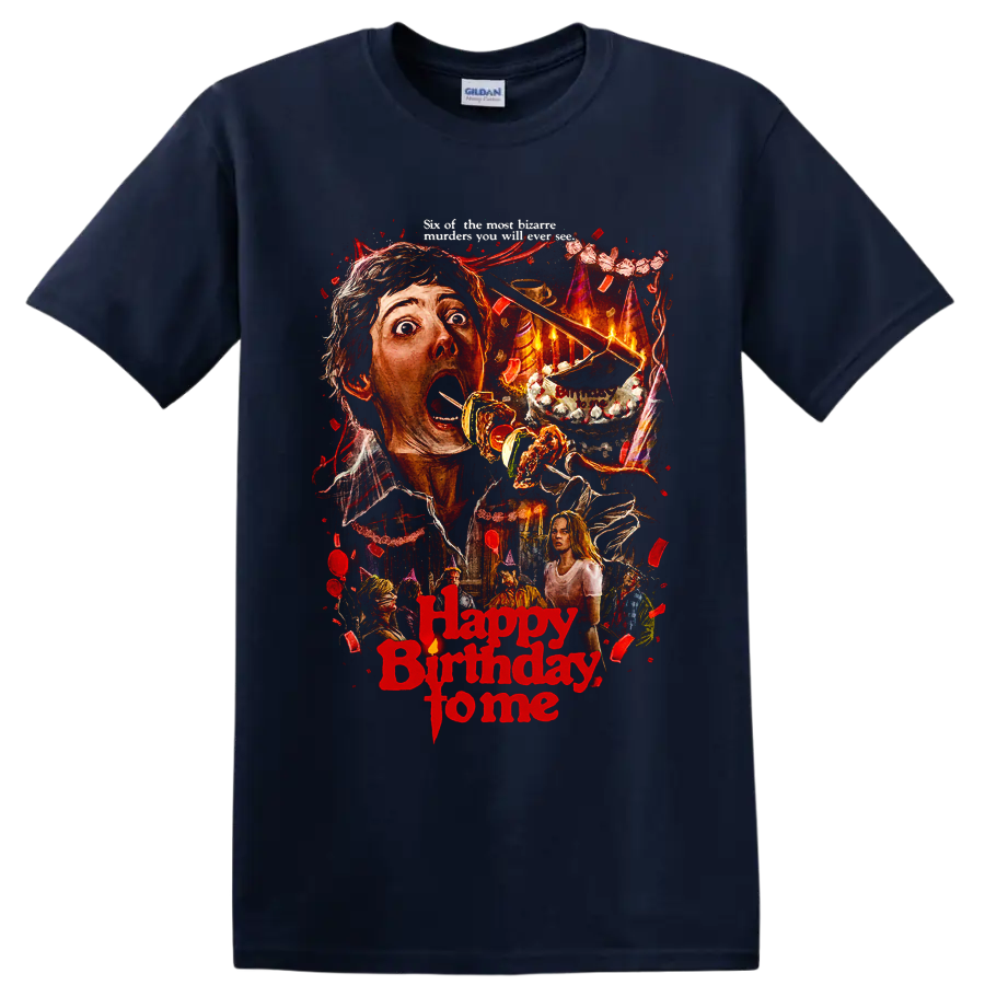 Happy Birthday to Me horror movie collage with birthday cake and red lettering on a Navy (Blue) T Shirt