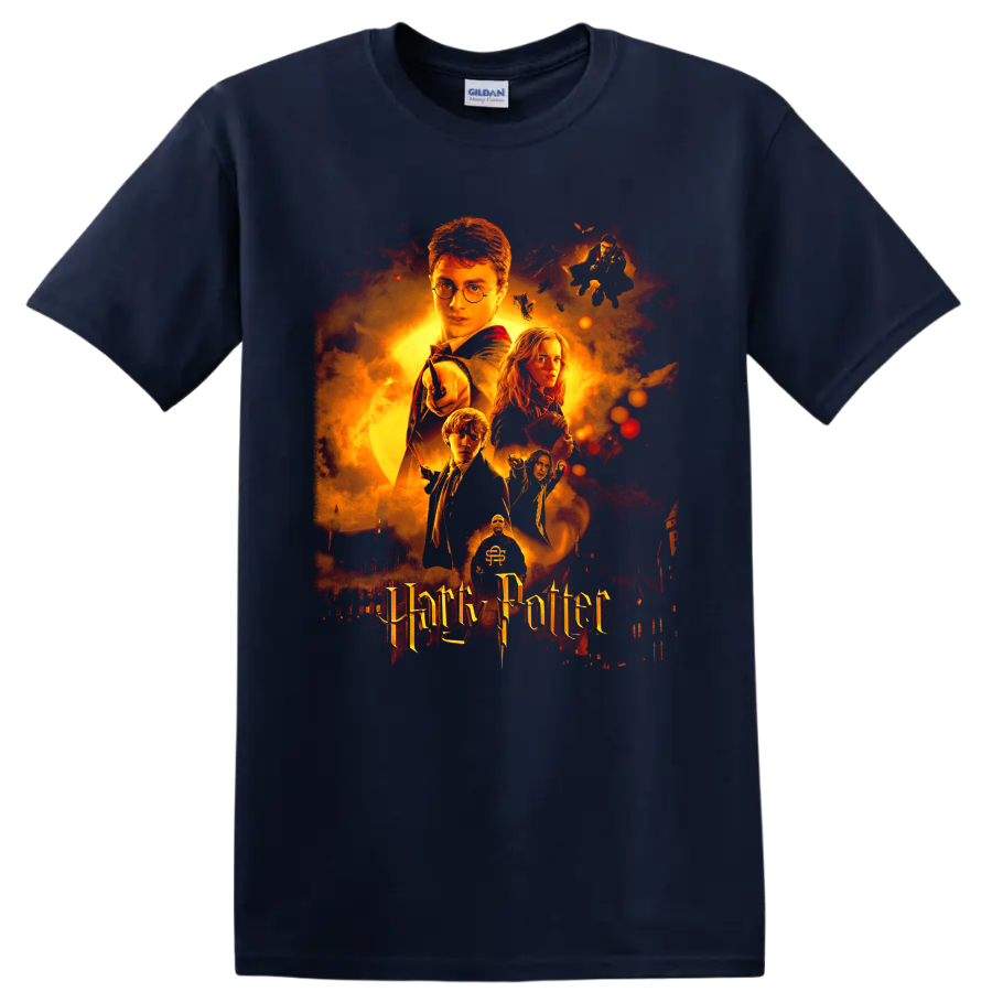 Harry Potter Chamber of Secrets fiery wizarding movie poster graphic on a Navy (Blue) T Shirt