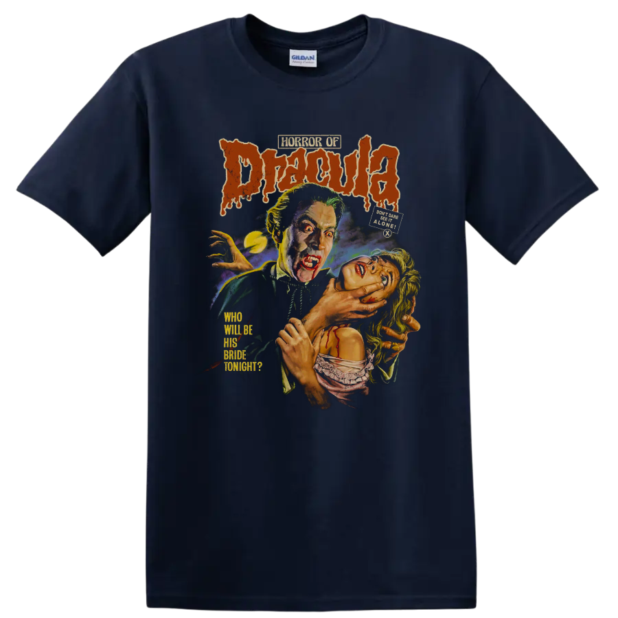 Horror of Dracula vintage gothic vampire movie poster graphic on a Navy (Blue) T Shirt