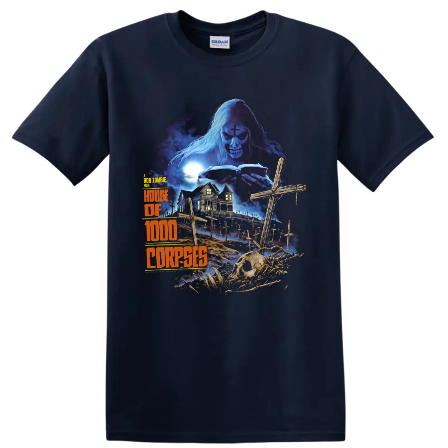 House of 1000 Corpses gothic graveyard artwork with skeleton and haunted house on a Navy (Blue) T Shirt