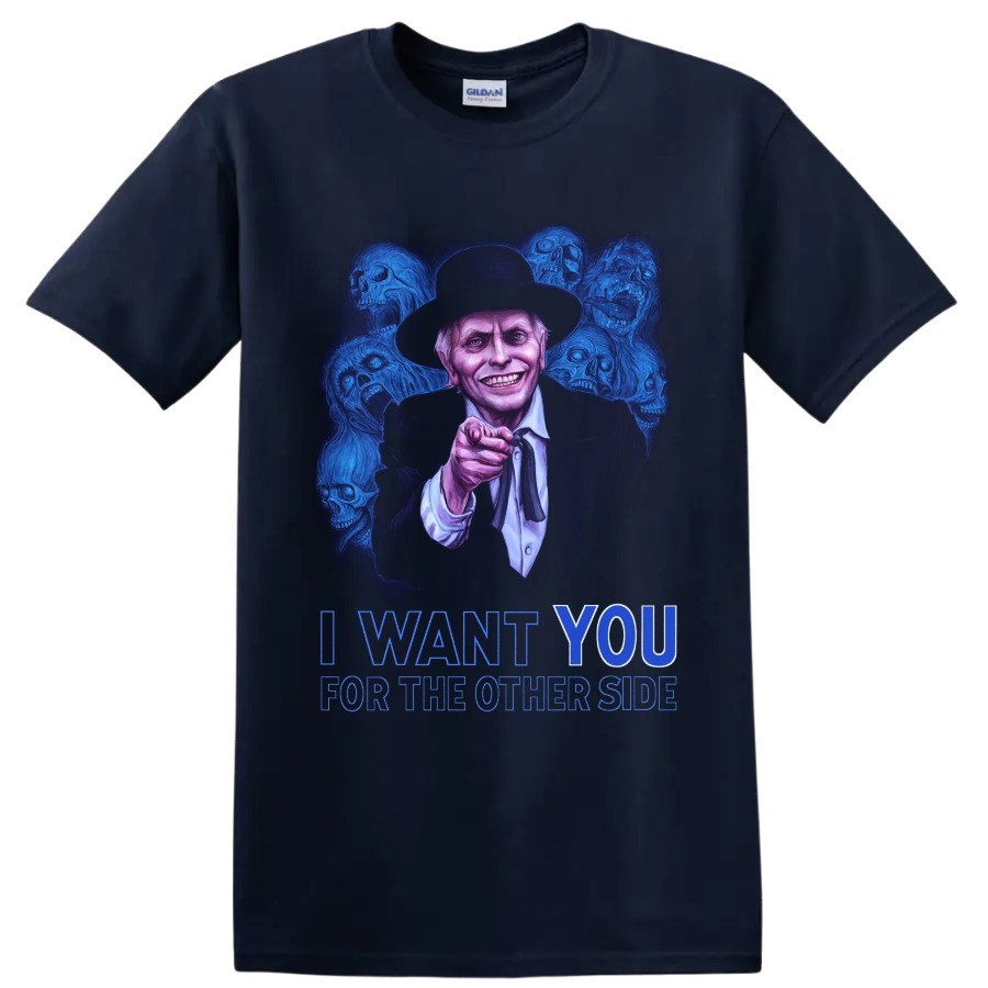 Poltergeist II preacher horror art with blue skulls and I Want You text on a Navy (Blue) T Shirt