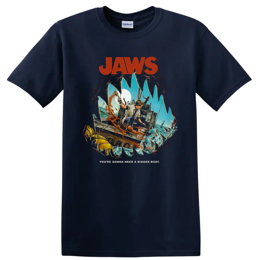 Jaws: The Revenge shark fishing boat graphic with You're Gonna Need a Bigger Boat on a Navy (Blue) T Shirt