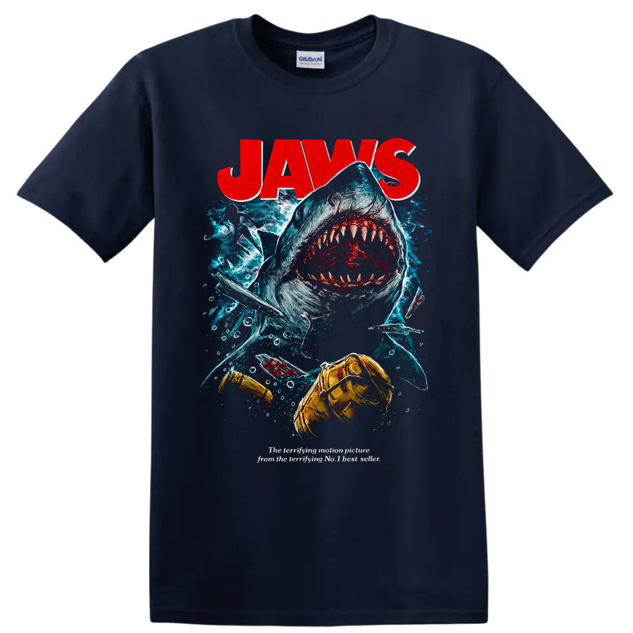 Jaws shark attack graphic print with diver and underwater horror artwork on a Navy (Blue) T Shirt