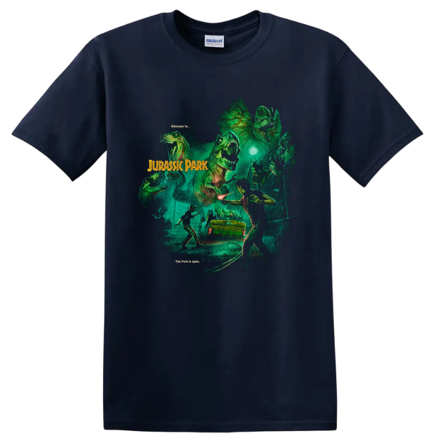 Jurassic Park dinosaur escape graphic with rainy jungle scene and movie lettering on a Navy (Blue) T Shirt