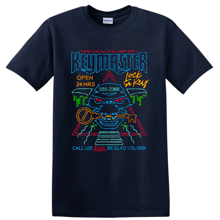 Ghostbusters neon gatekeeper graphic with key and retro lettering on a Navy (Blue) T Shirt