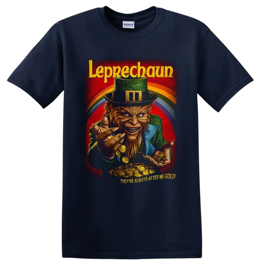 Leprechaun horror movie graphic with gold coins and rainbow on a Navy (Blue) T Shirt