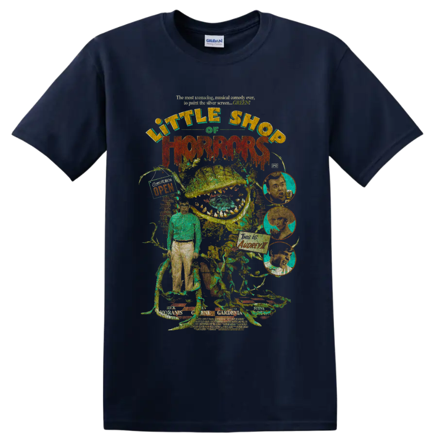 Little Shop of Horrors retro carnivorous plant horror collage on a Navy (Blue) T Shirt