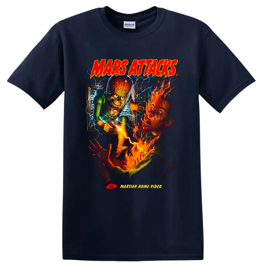 Mars Attacks! Martian invasion graphic with flames, lightning, and retro lettering on a Navy (Blue) T Shirt