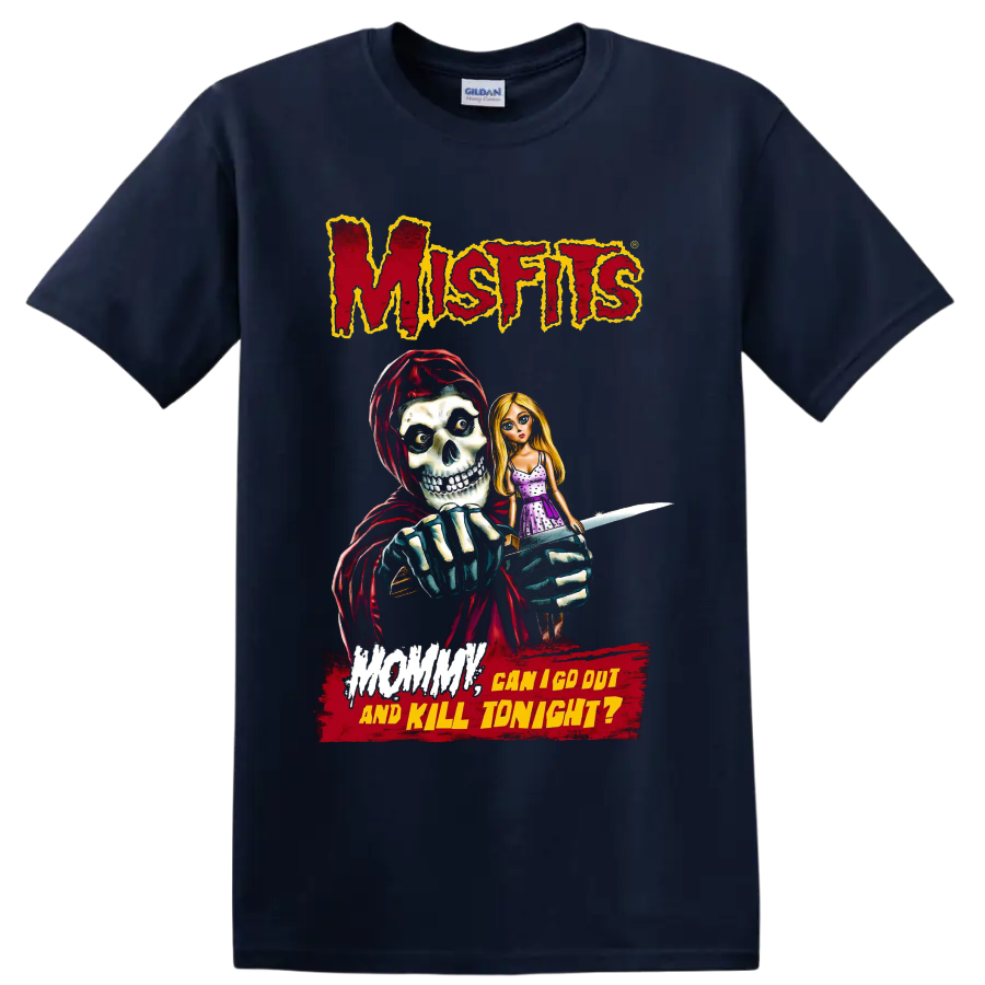 Misfits horror graphic with hooded skull, blonde doll, knife, and distressed text on a Navy (Blue) T Shirt