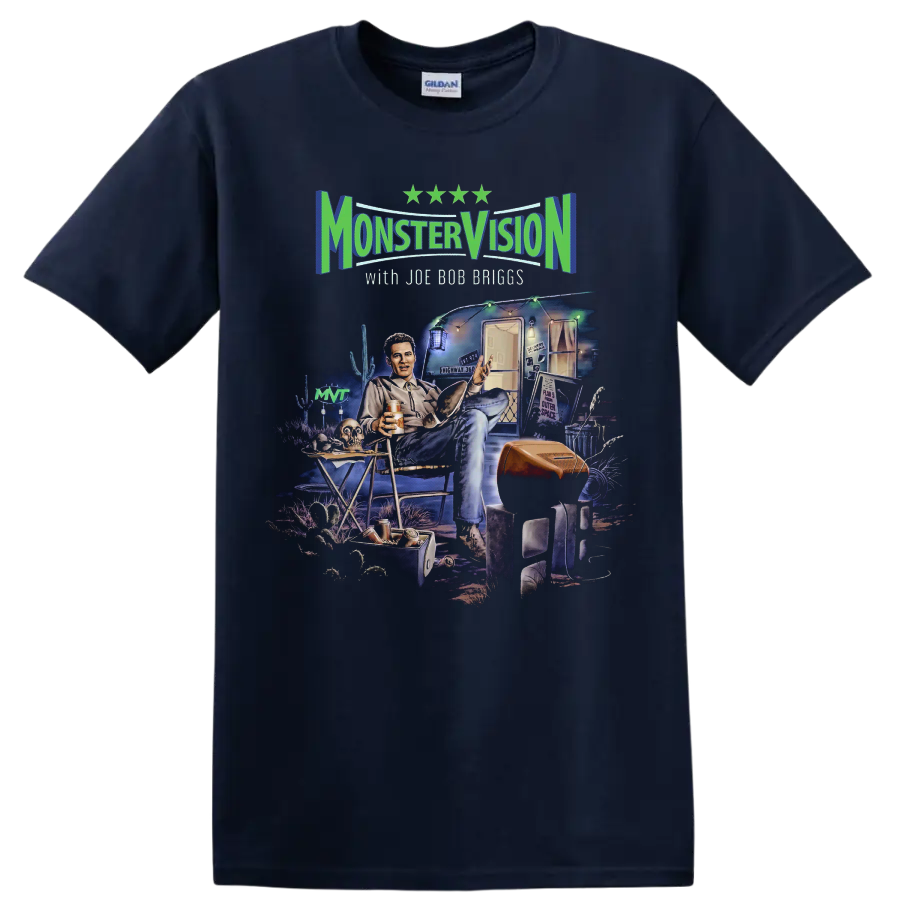 Monster Vision with Joe Bob Briggs trailer scene graphic print on a Navy (Blue) T Shirt