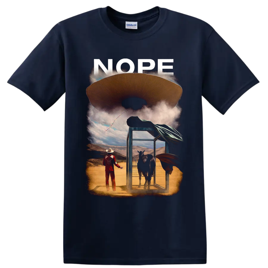 Nope movie graphic with flying saucer, horse ranch scene, and NOPE text on a Navy (Blue) T Shirt