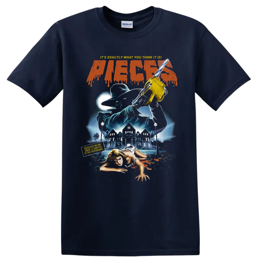Pieces horror movie graphic with chainsaw, haunted mansion, and slasher artwork on a Navy (Blue) T Shirt