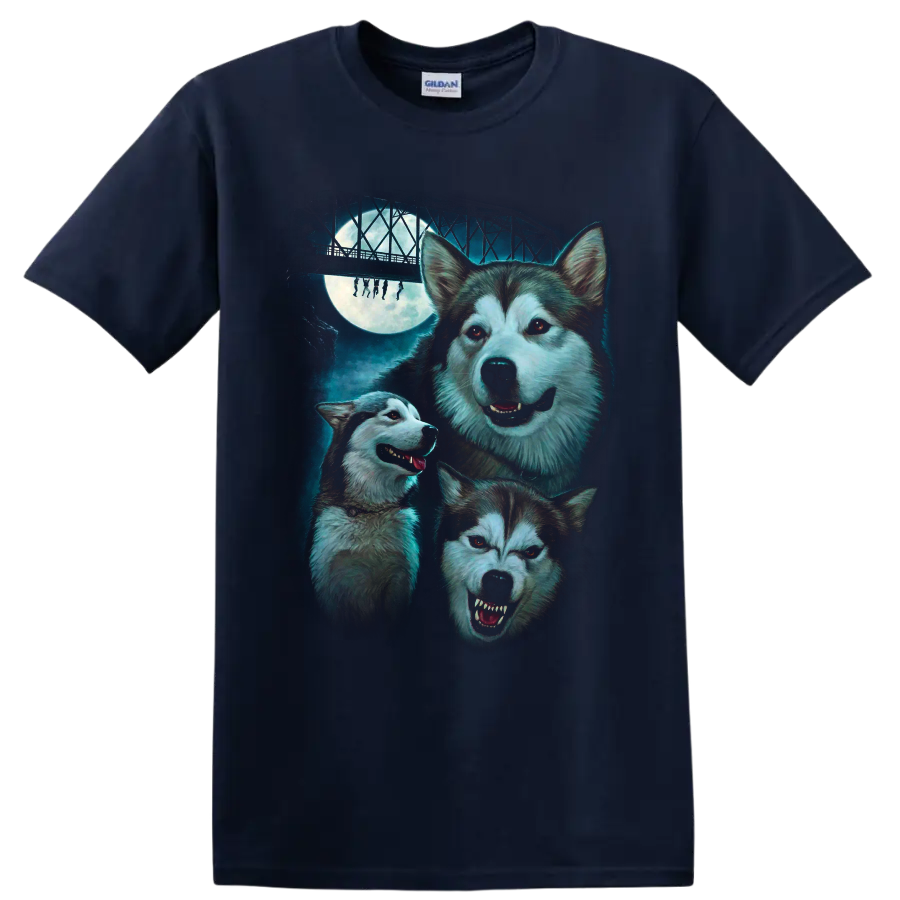Three huskies under a full moon and bridge in horror movie art on a Navy (Blue) T Shirt