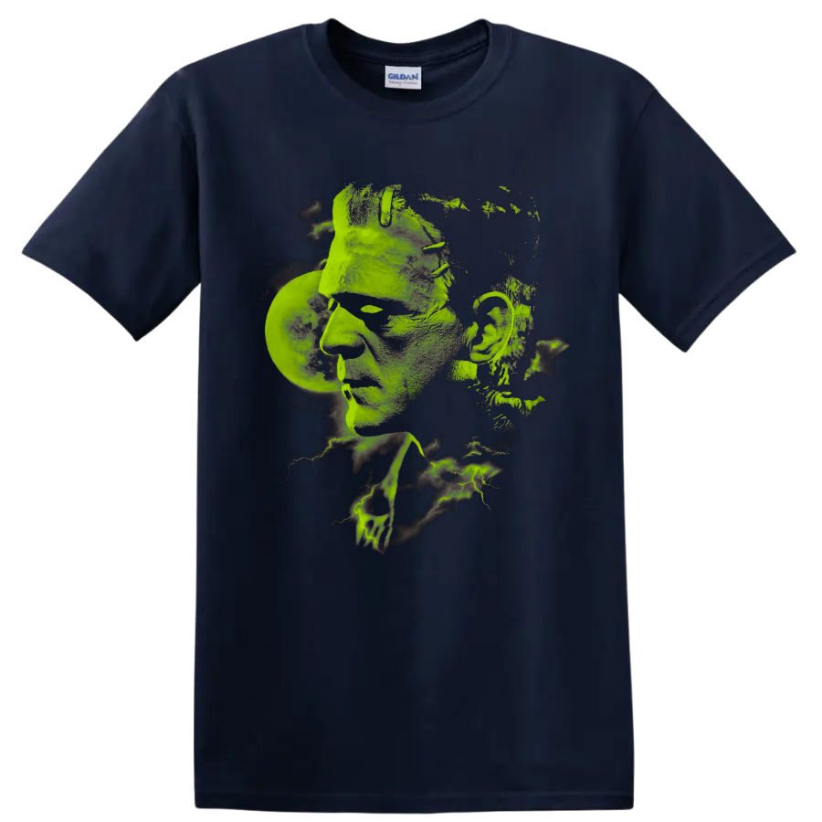 Frankenstein monster portrait with green lightning distressed graphic on a Navy (Blue) T Shirt