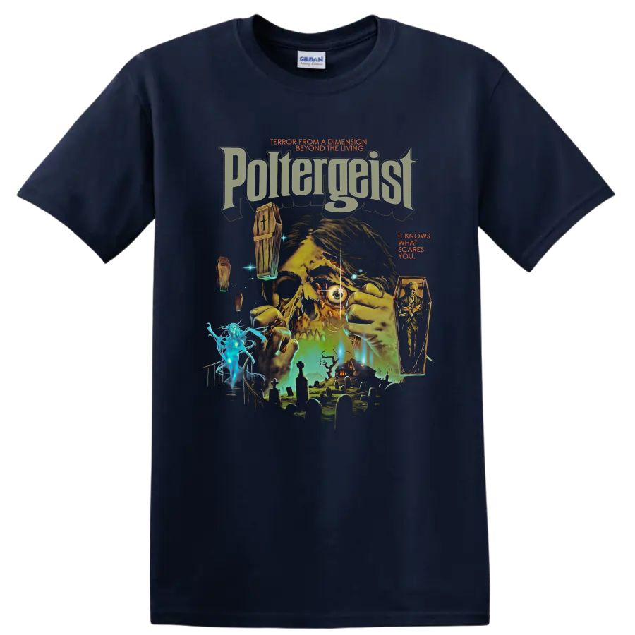Poltergeist distressed horror collage with haunted house and cemetery on a Navy (Blue) T Shirt