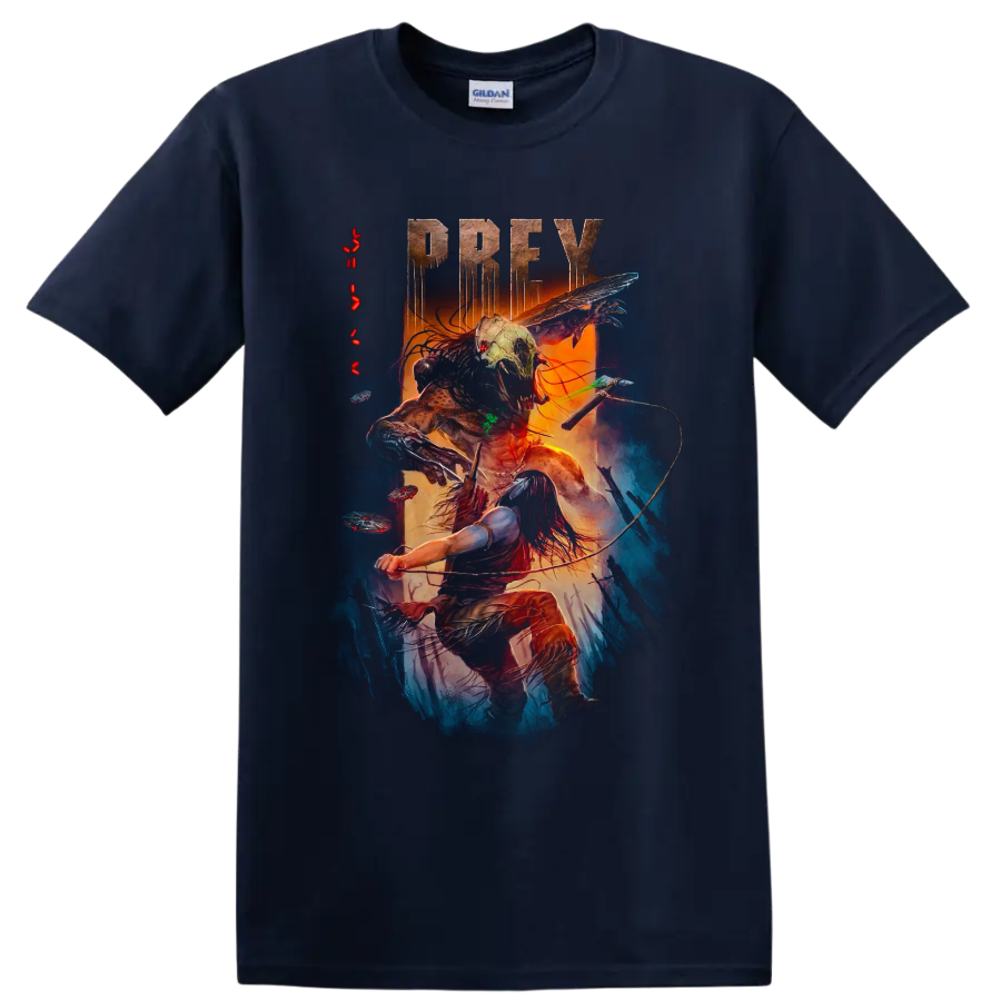 Prey graphic print of warrior battling a masked alien hunter on a Navy (Blue) T Shirt
