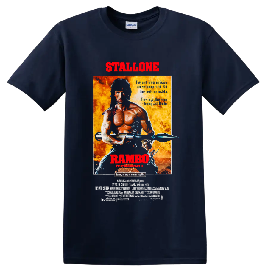 Rambo First Blood Part II fiery vintage movie poster graphic on a Navy (Blue) T Shirt