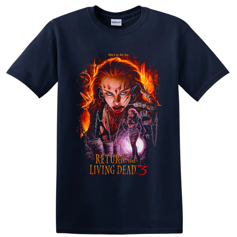 Return of the Living Dead 3 fiery zombie horror graphic with red-haired woman on a Navy (Blue) T Shirt
