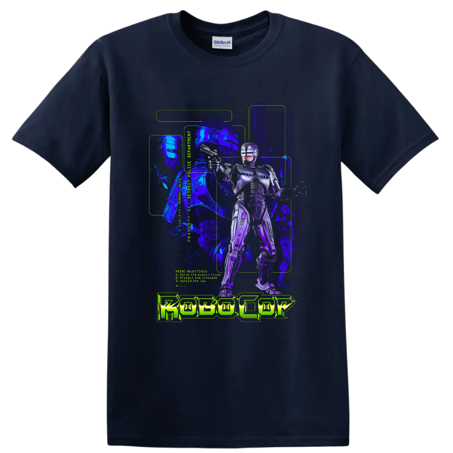 RoboCop cybernetic police officer neon sci-fi artwork with ROBOCOP text on a Navy (Blue) T Shirt
