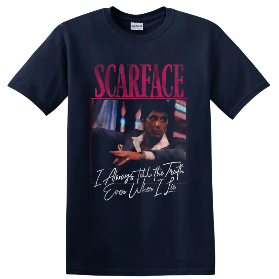Scarface vintage crime drama portrait graphic with distressed lettering on a Navy (Blue) T Shirt