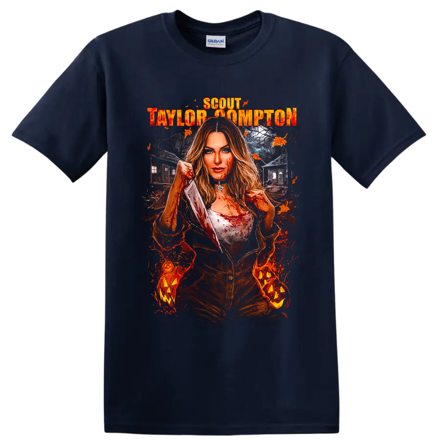 Laurie Strode horror graphic with Scout Taylor-Compton text on a Navy (Blue) T Shirt
