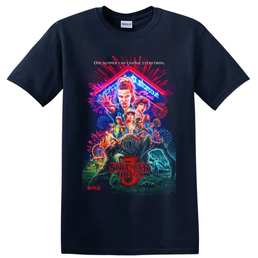 Stranger Things 2 retro neon horror poster character collage on a Navy (Blue) T Shirt