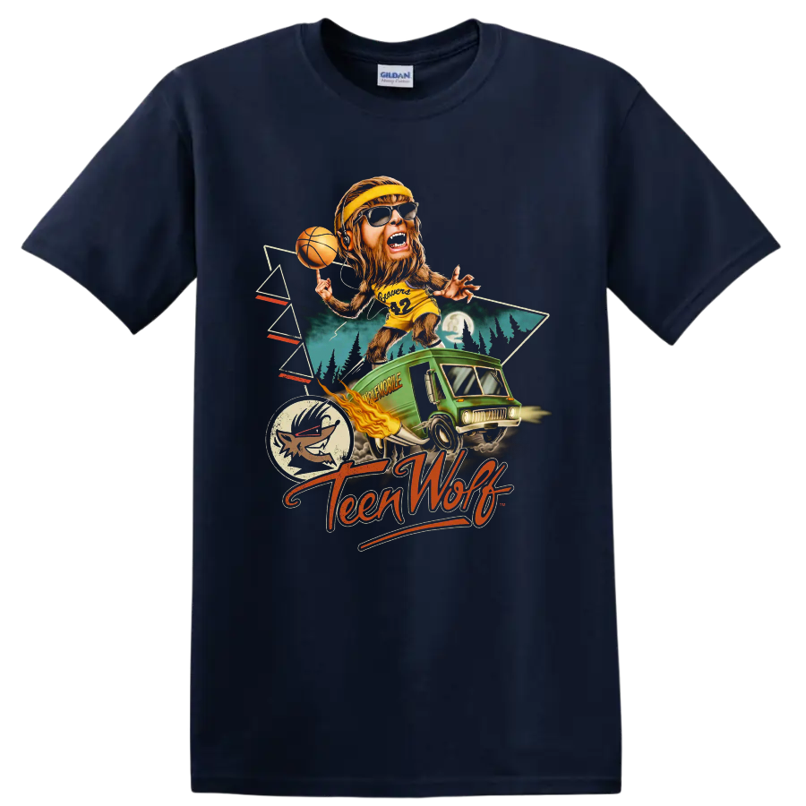 Teen Wolf Too retro basketball werewolf graphic with green van on a Navy (Blue) T Shirt
