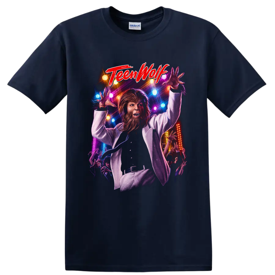 Teen Wolf werewolf dance-floor graphic with TeenWolf lettering on a Navy (Blue) T Shirt