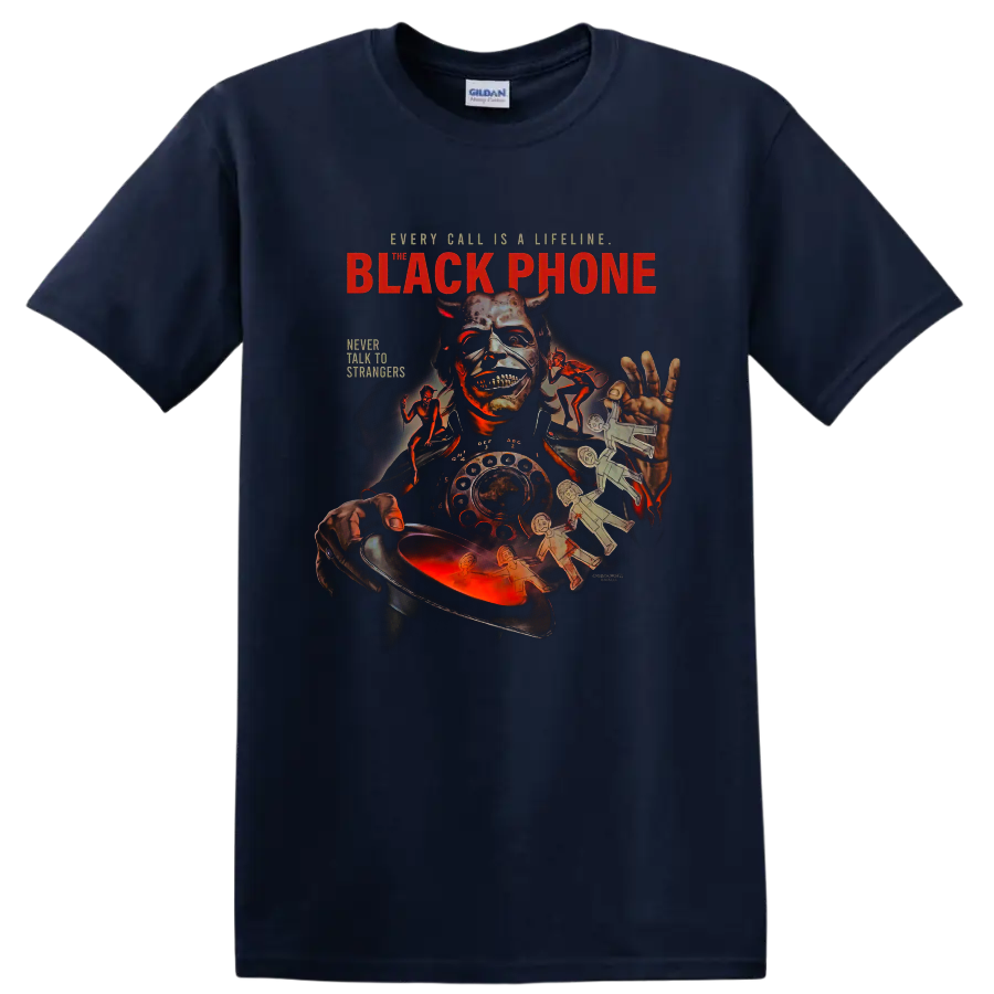 The Black Phone masked villain and rotary phone horror graphic print on a Navy (Blue) T Shirt