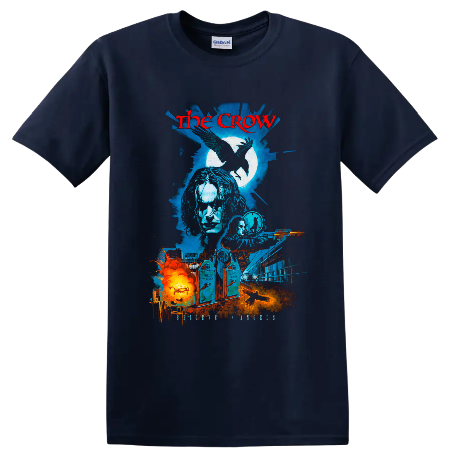 The Crow gothic raven movie collage with moon, cityscape, and fiery graphic on a Navy (Blue) T Shirt