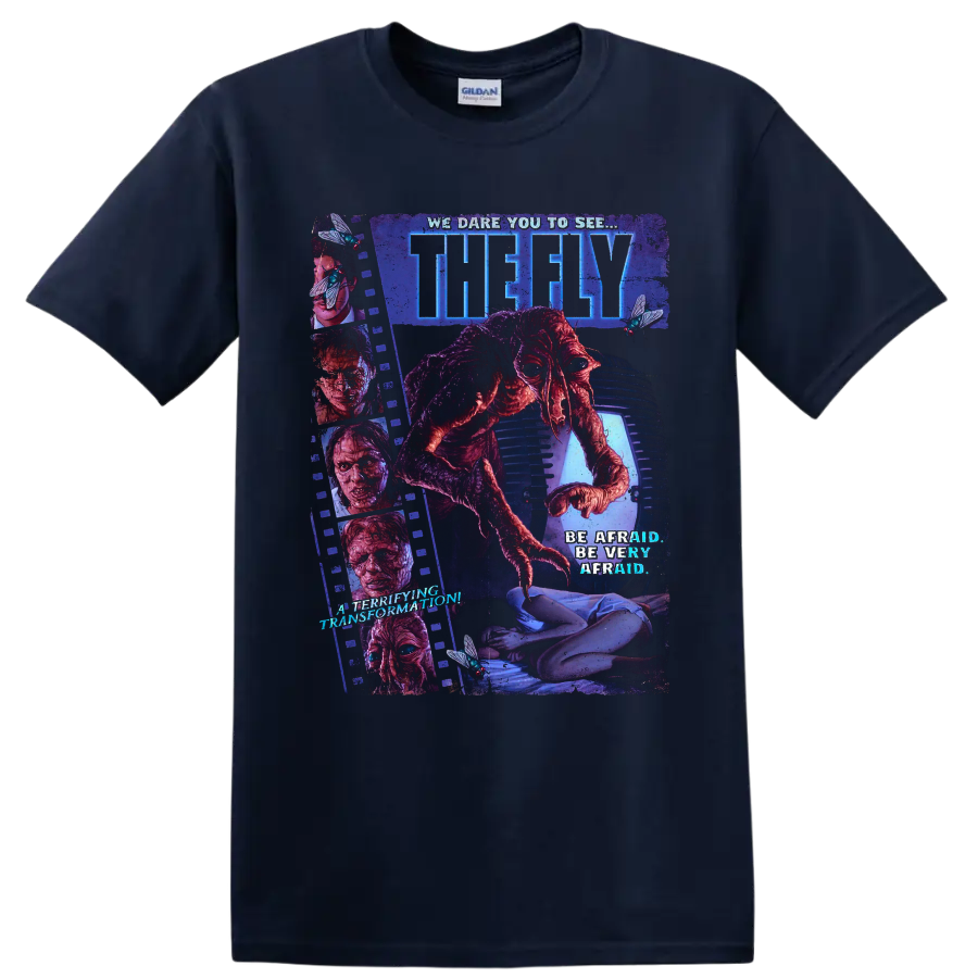 The Fly horror movie mutant insect transformation poster art on a Navy (Blue) T Shirt