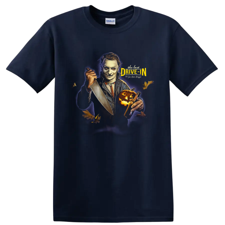 The Last Drive In 2 horror movie host with knife and pumpkin graphic on a Navy (Blue) T Shirt