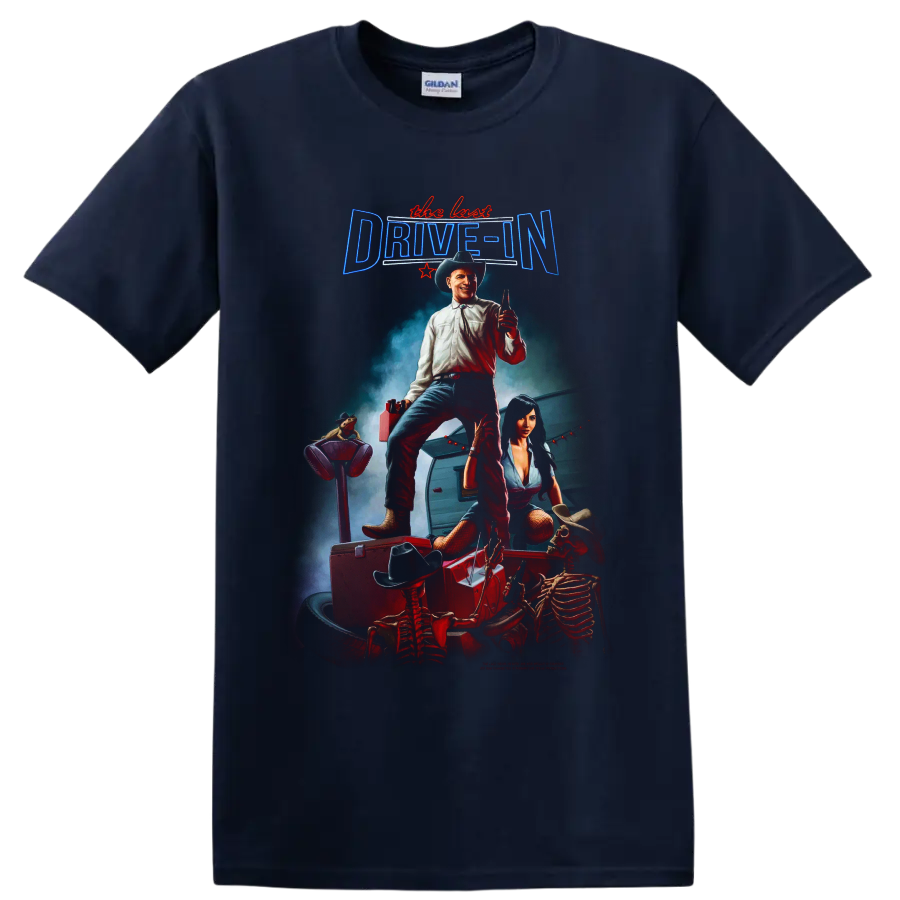 The Last Drive In cowboy and skeleton roadside horror poster art on a Navy (Blue) T Shirt