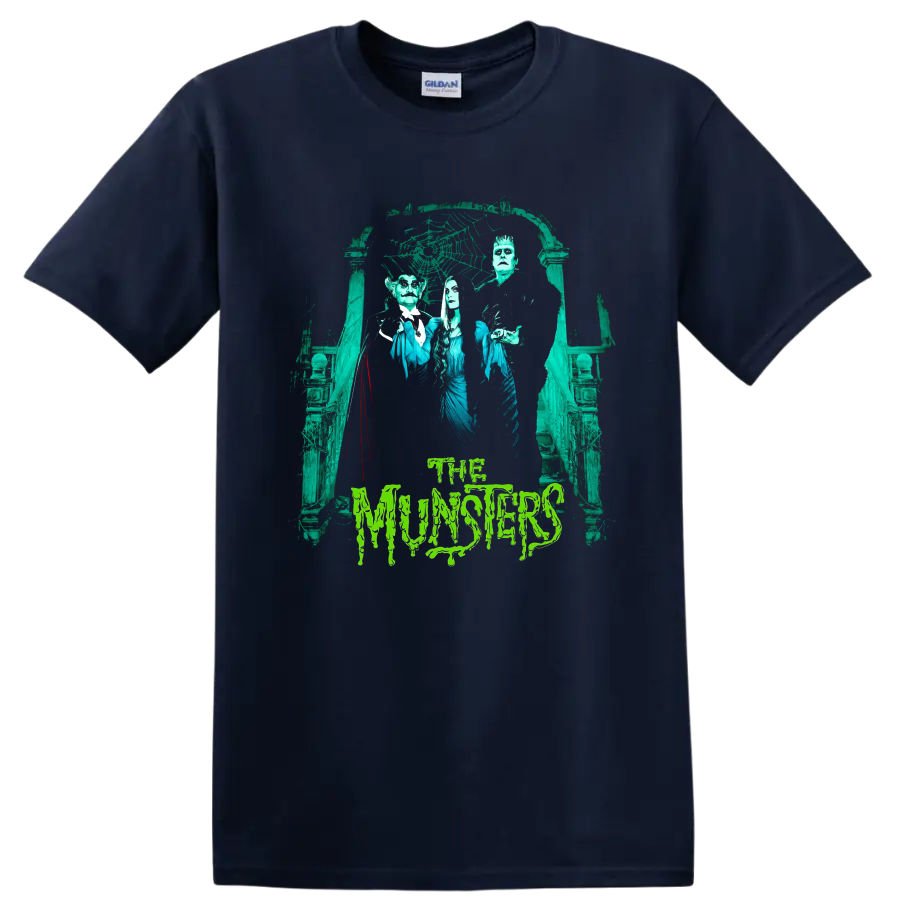The Munsters gothic family portrait with haunted archway and dripping text on a Navy (Blue) T Shirt