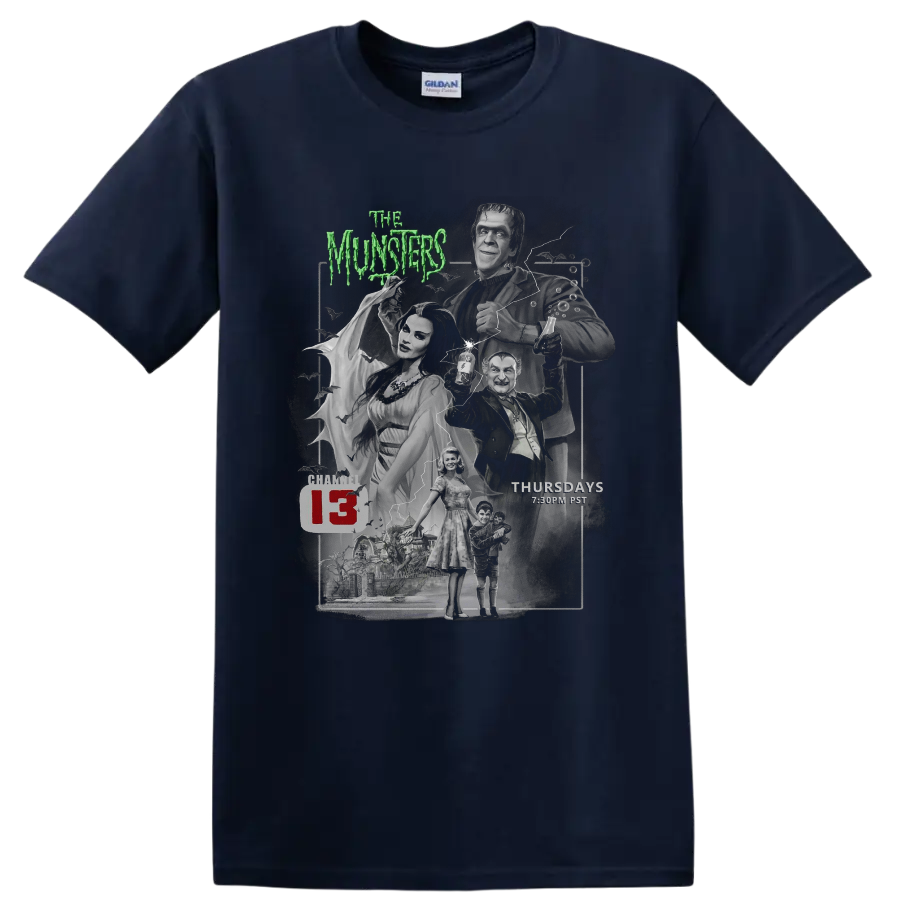 The Munsters 3 vintage gothic horror cast collage with green title text on a Navy (Blue) T Shirt