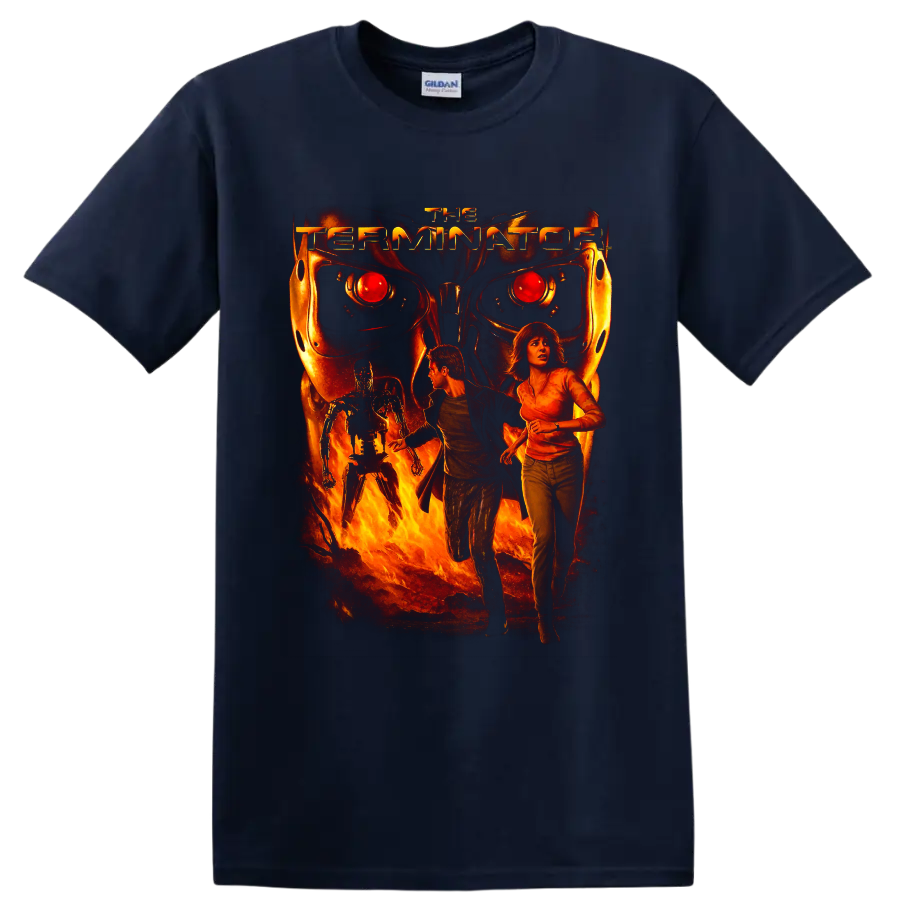 Terminator 3 fiery cyborg movie poster art with fleeing figures on a Navy (Blue) T Shirt