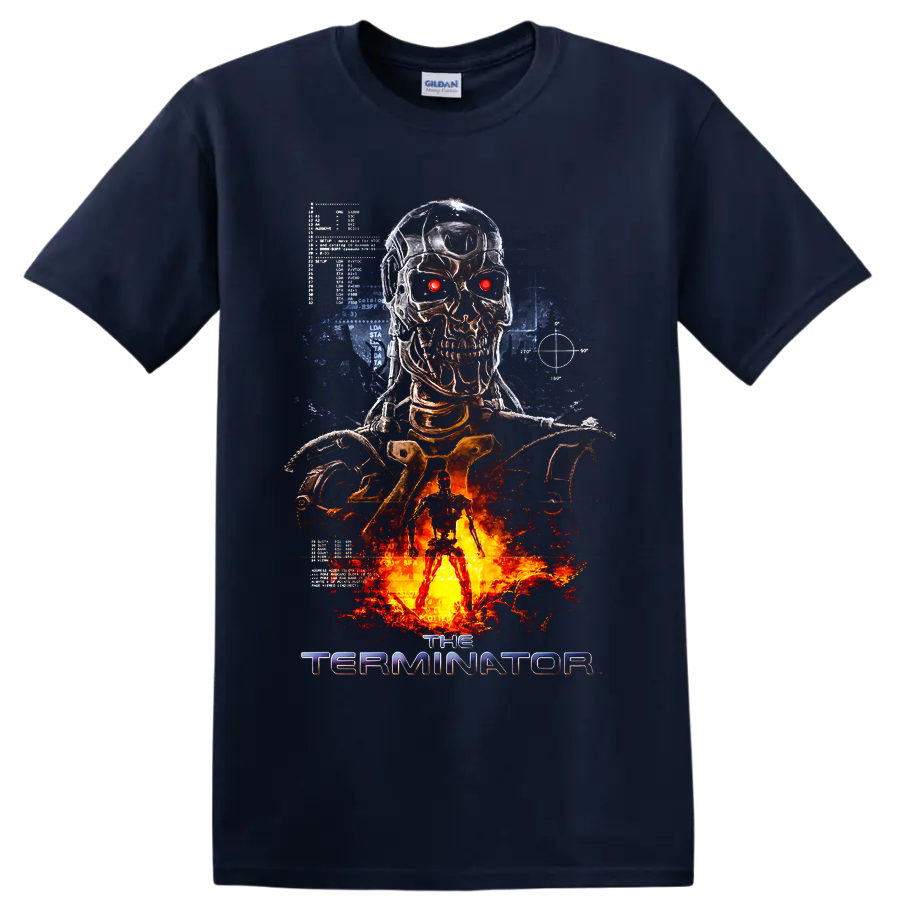 Terminator Salvation cybernetic skull with glowing red eyes and fiery sci-fi artwork on a Navy (Blue) T Shirt