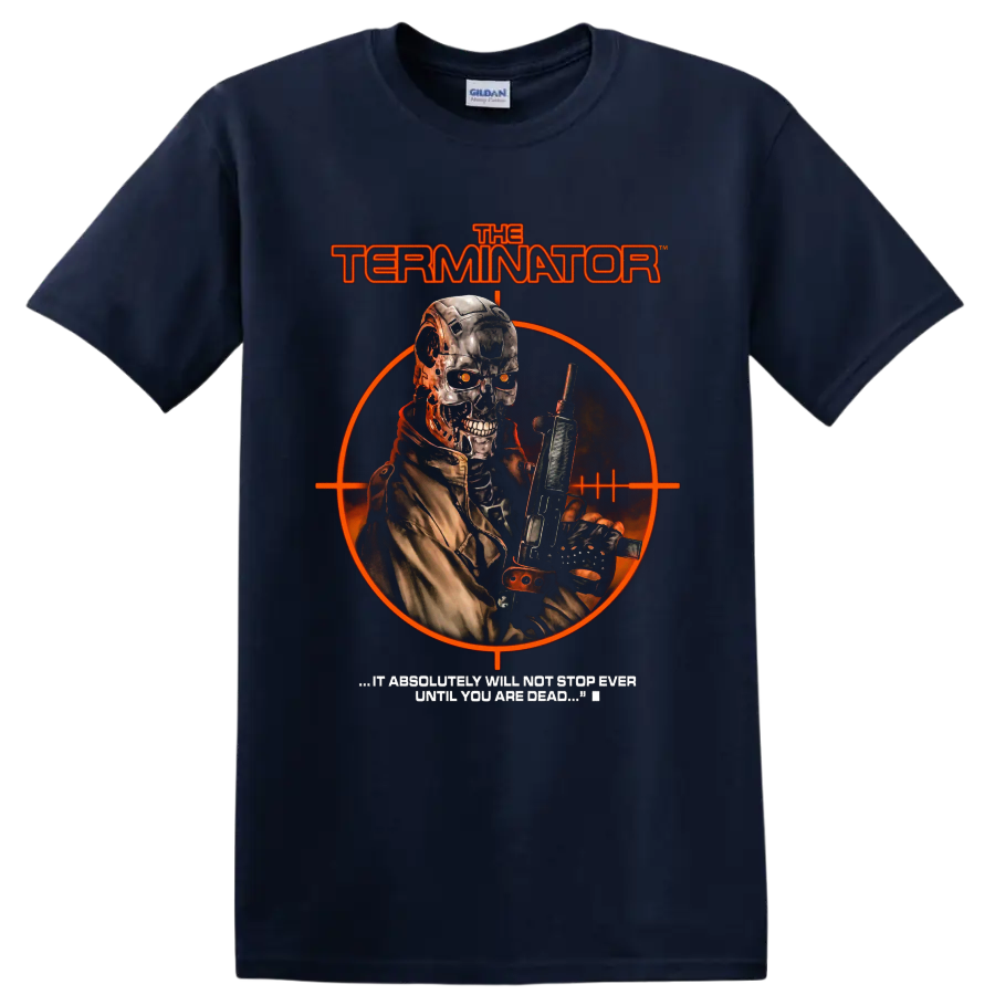 Terminator Genisys cybernetic soldier with rifle and orange target graphic on a Navy (Blue) T Shirt