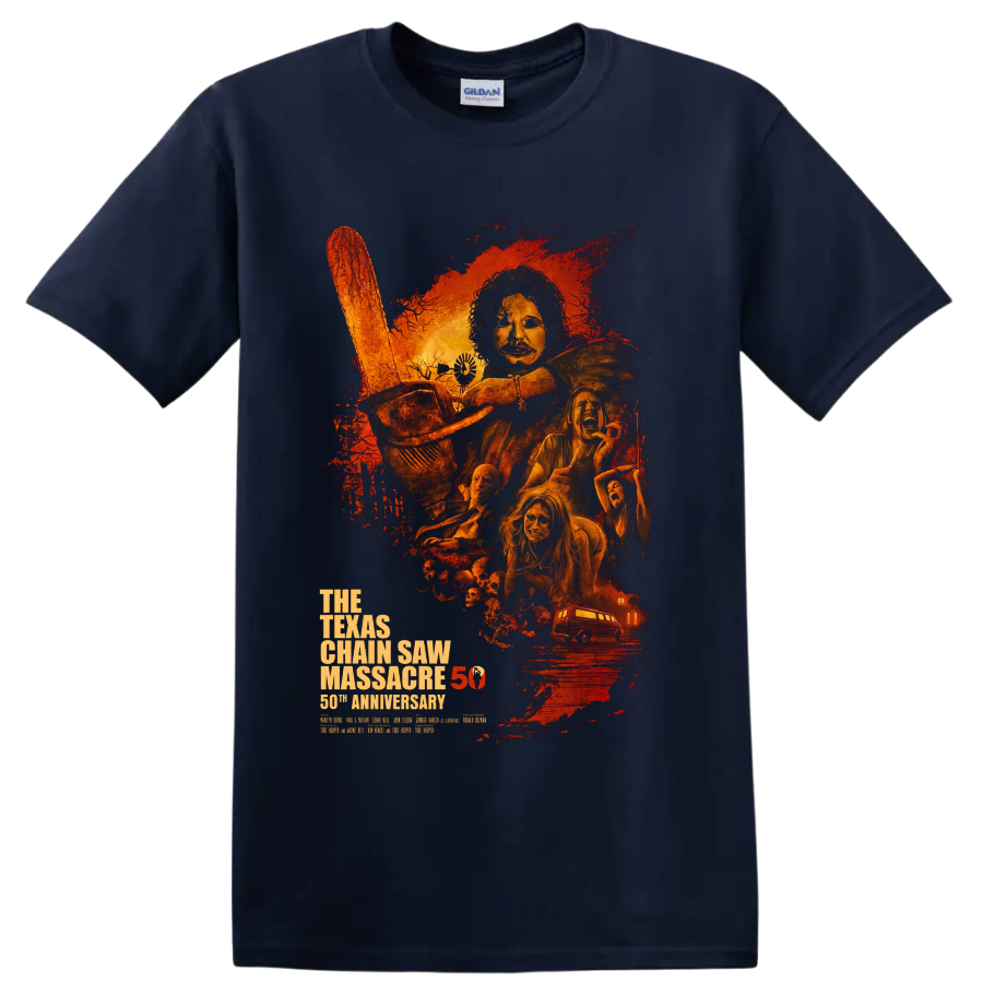 Leatherface chainsaw horror poster with 50th anniversary text on a Navy (Blue) T Shirt