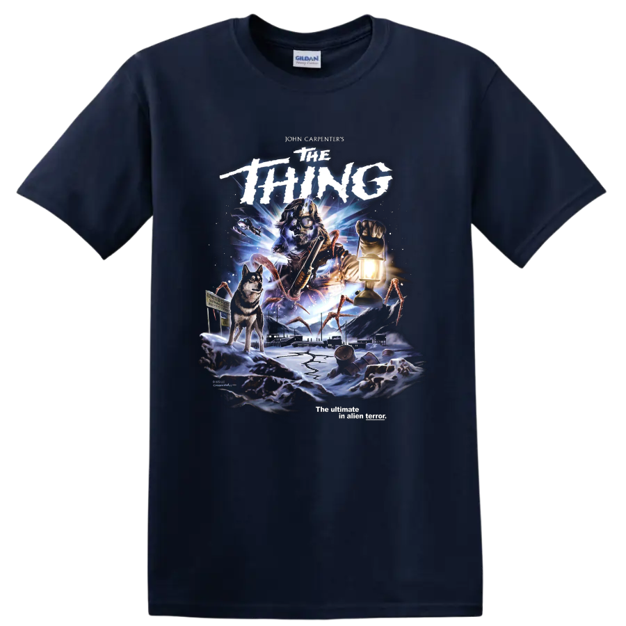 John Carpenter's The Thing arctic horror movie poster graphic with dog and lantern on a Navy (Blue) T Shirt