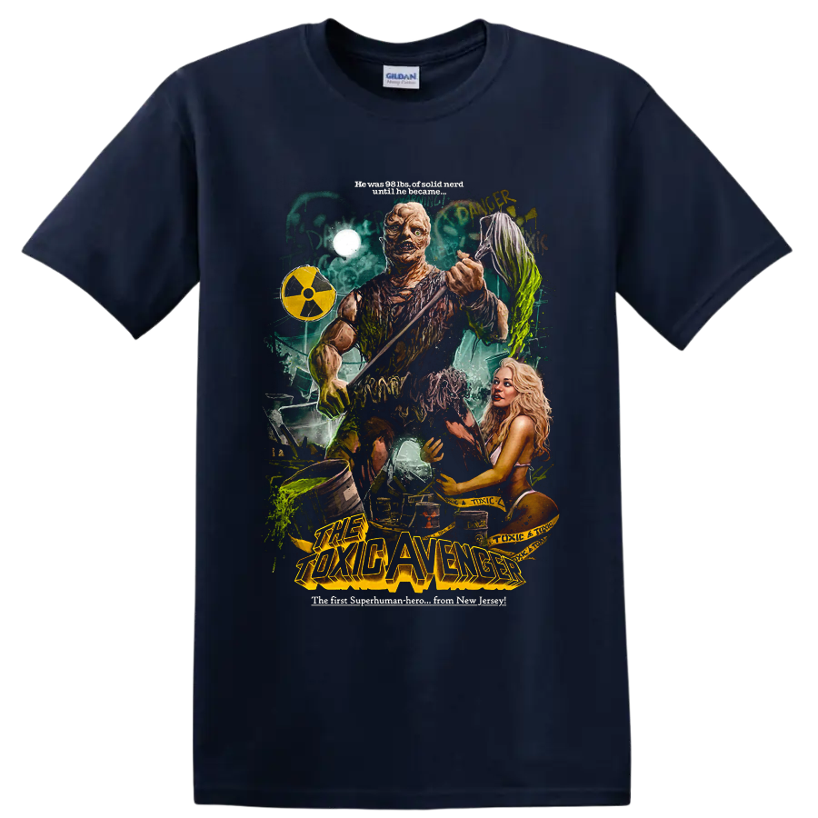 The Toxic Avenger radioactive mutant hero retro horror poster graphic on a Navy (Blue) T Shirt