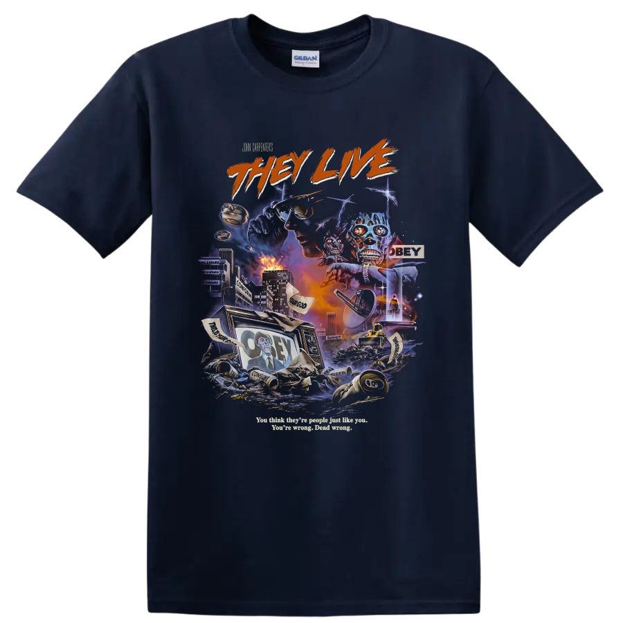 They Live dystopian horror collage with alien skulls and sunglasses on a Navy (Blue) T Shirt