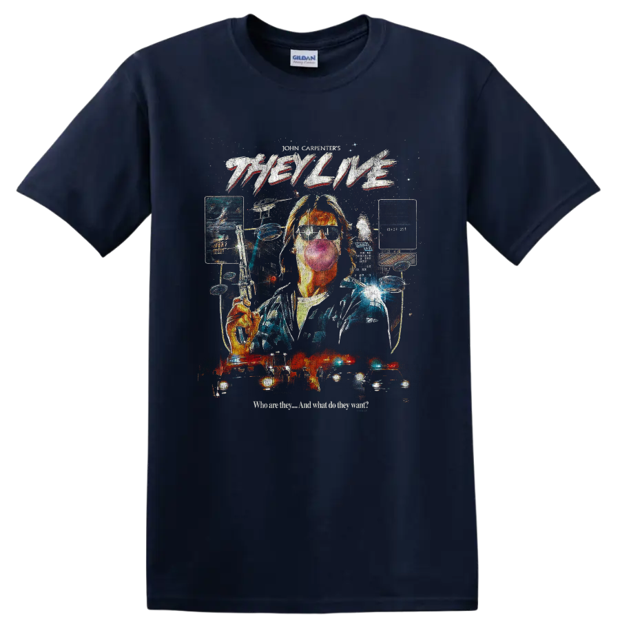 They Live retro sci-fi collage with alien sunglasses and flying saucers on a Navy (Blue) T Shirt