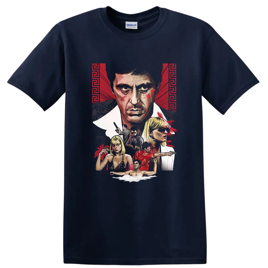 Scarface Tony Montana illustrated crime drama character collage on a Navy (Blue) T Shirt