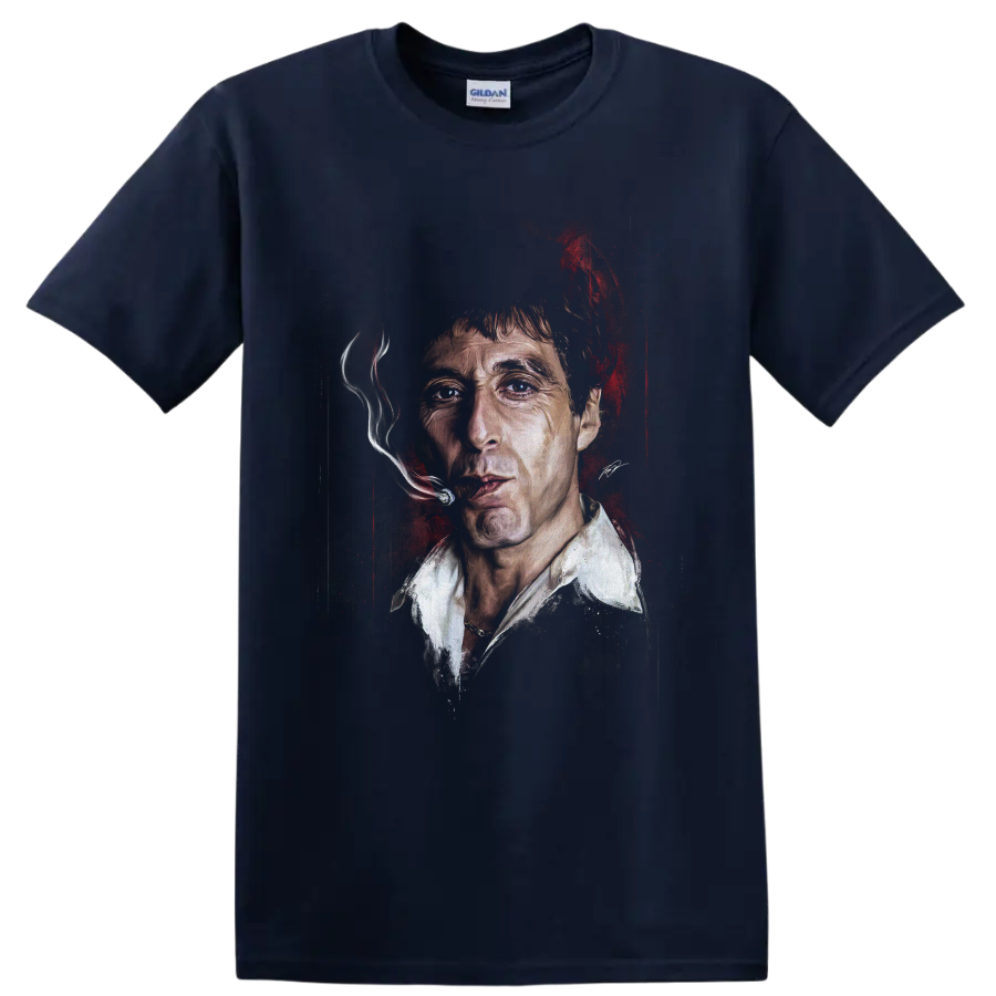 Scarface Tony Montana portrait graphic with smoking cigar and red accents on a Navy (Blue) T Shirt