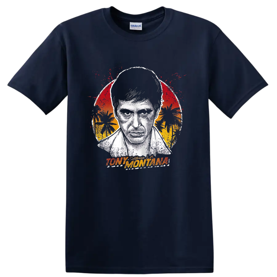 Tony Montana Scarface distressed portrait with tropical sunset graphic on a Navy (Blue) T Shirt