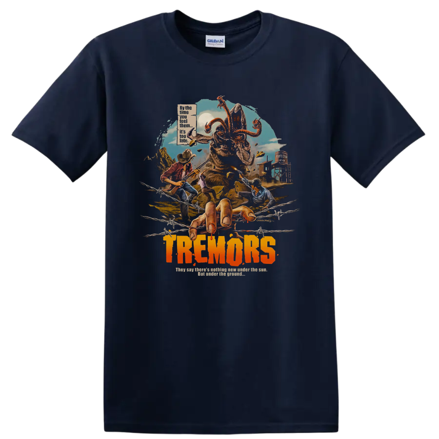 Tremors monster movie graphic with desert survivors and bold title text on a Navy (Blue) T Shirt