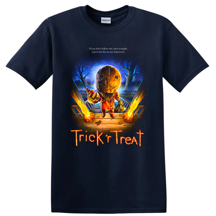 Trick 'r Treat pumpkin mask horror graphic with Halloween lettering on a Navy (Blue) T Shirt