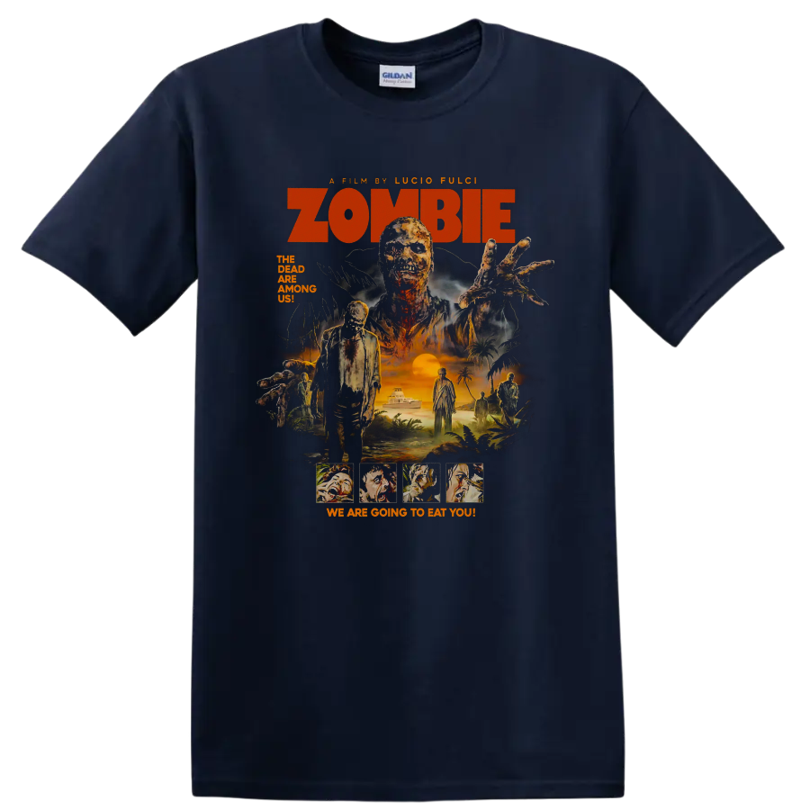 Zombie 1979 vintage Italian horror movie poster graphic with undead island scene on a Navy (Blue) T Shirt